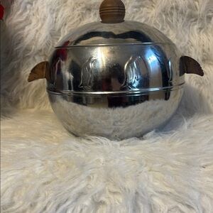 Silver Metal Bowl with Wooden Handles